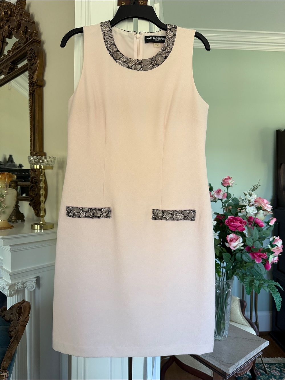 Karl Lagerfeld pink dress with black lace trim, size 8